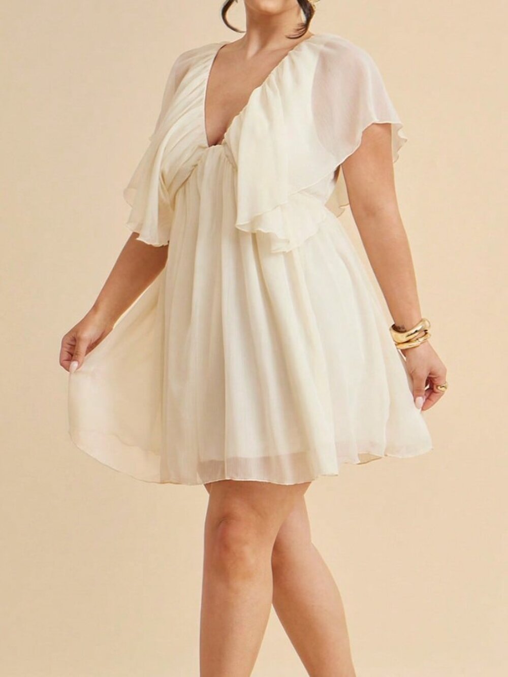 Apricot Cute Women's Plus Size Elegant Ruffle Deep V-Neck Mini Dress - Picture 4 of 5
